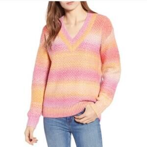 Rebecca Minkoff Pullover Long Sleeve V-Neck Rainbow Cozy Knit Sweater Small NWT